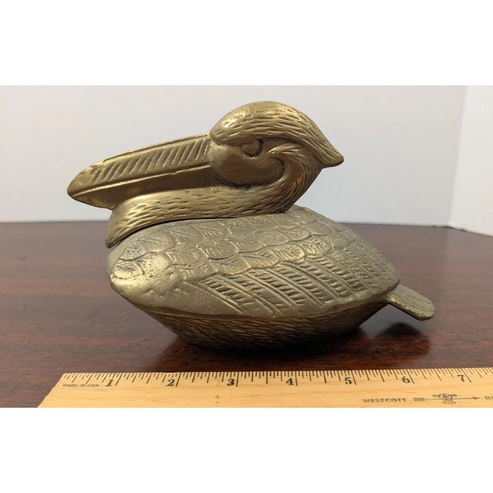 Vintage Solid Brass Pelican Trinket Box With Lid Coastal Bird Decor 8
